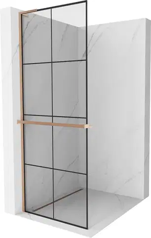Sprchové dvere MEXEN/S - Kioto+ L Sprchová zástena WALK-IN s poličkou a držiakom uterákov 80 x 200, čierny vzor, meď kartáčovaná 800-080-123-65-77