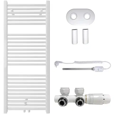 Doplnky do kúpeľne CERANO - Kúpeľňový radiátorový set Lincoln - kombinované vykurovanie, termo tyč - stredové pripojenie 50 mm - 300W - biela lesklá - 1200x500 mm CER-663370