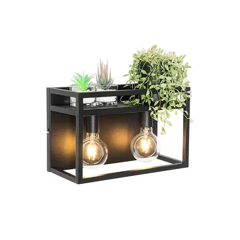 Nástenné osvetlenie Priemyselná nástenná lampa čierna s poličkou 2-svetlo - Cage Rack