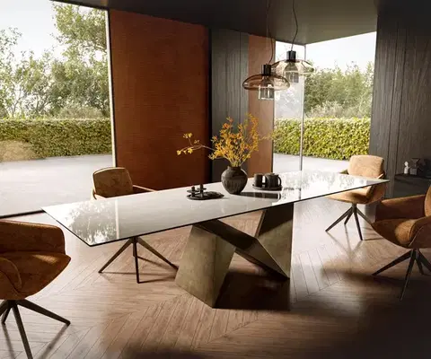 Jedálenské stoly DELIFE Jedálenský stôl Edge 300×100 cm keramika onyx šampanské origami metalická zlatá