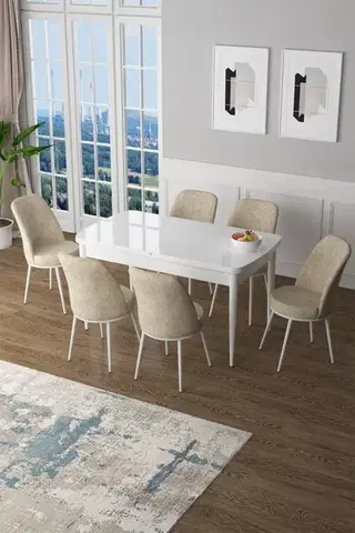 Jedálenské sety Extendable Dining Table & Chairs Set (7 Pieces) Zen - White, Cream