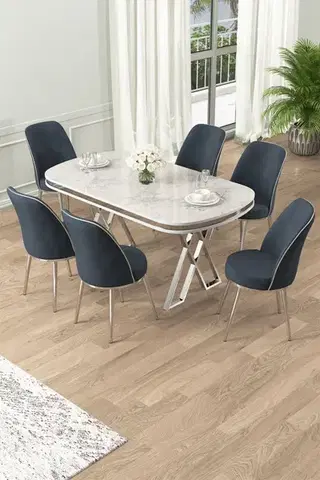 Jedálenské sety Dining Table & Chairs Set (7 Pieces) Lai - White, Chrome, Anthracite