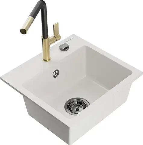 Kuchynské drezy MEXEN/S MEXEN/S - Milo granitový drez 1-miska vrátane batérie Flora, biela 6505-20-670401-57-B