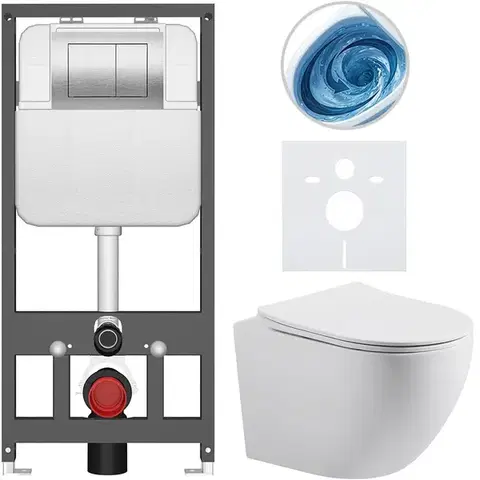 Záchody CERANO - Kompletný WC set Basic/Cesso - biela matná - WC tlačidlo Maxio/Strieborná - závesné - predstenová inštalácia - 49x36 CER-8050BD86178