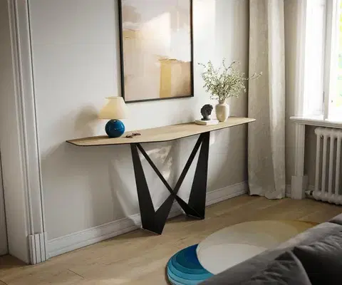 Konzolové stolíky DELIFE Konzolový stolík Edge polygonálny 180×50 cm keramika Laminam® Sabbia dubová farba Spios kov čierna