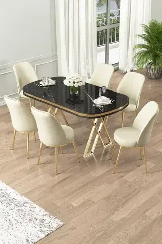 Jedálenské sety Dining Table & Chairs Set (7 Pieces) Lai - Black Marble, Gold, Cream