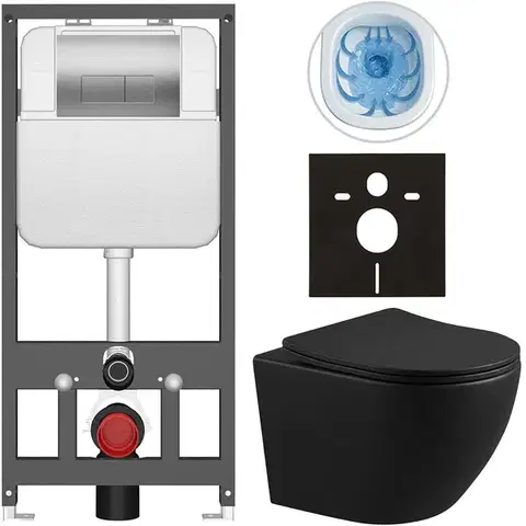 Záchody CERANO - Kompletný WC set Basic/Cesso - čierna matná - WC tlačidlo Modulo/Strieborná - závesné - predstenová inštalácia - 49x36 CER-8050BD86373
