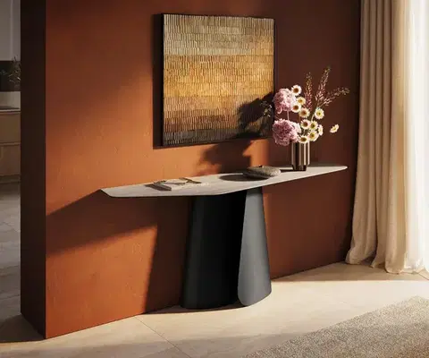 Konzolové stolíky DELIFE Konzolový stolík Edge polygonálny 180×50 cm keramika Laminam® Travertino Bianco krémovo biela Livos kov čierna