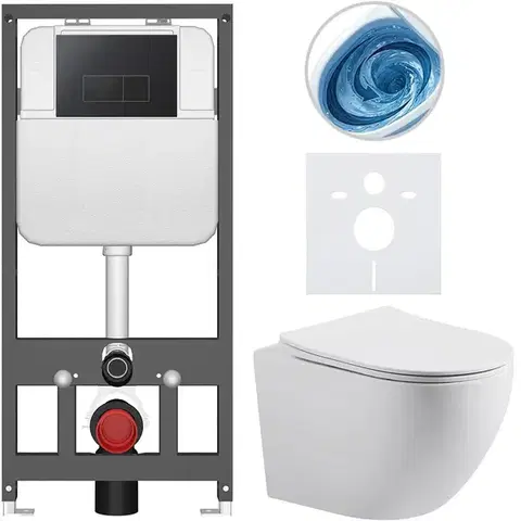 Záchody CERANO - Kompletný WC set Basic/Cesso - biela matná - WC tlačidlo Modulo/Čierna - závesné - predstenová inštalácia - 49x36 CER-8050BD86188