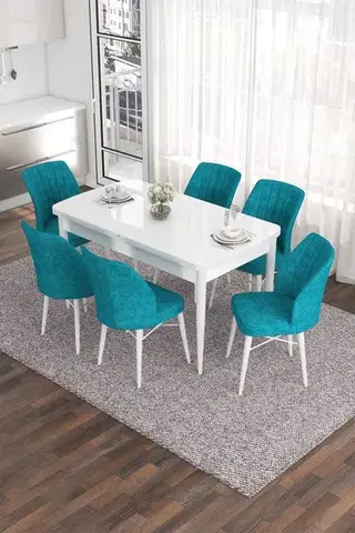 Jedálenské sety Extendable Dining Table & Chairs Set (7 Pieces) Eva - White, Turquoise