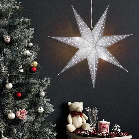 Vianočné dekorácie Solight LED strieborná vianočná hviezda, závesná, 60cm, 20x LED, 2x AA, strieborná farba, 1v294