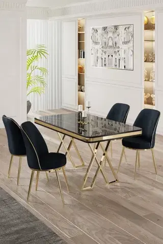 Jedálenské sety Dining Table & Chairs Set (5 Pieces) Vals - Black Marble, Gold, Anthracite