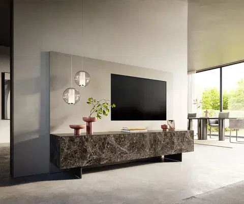 Televízne stolíky DELIFE TV stolík Cuor 220 cm keramika emperador extra leštený tmavohnedá 1 výklopné dvierka 2 zásuvky podstava závesná kov čierna