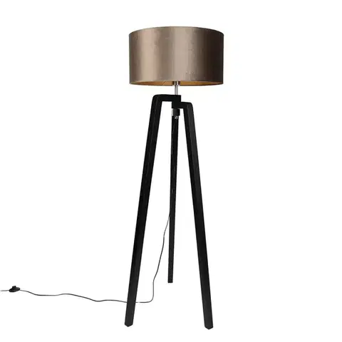 Stojace lampy Stojacia lampa čierna trojnožka s hnedým tienidlom so zlatým interiérom 50cm - Puros