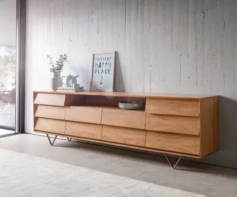 Komody DELIFE Komoda Eloi 240x40 cm akácia prírodná 2 dvierka 6 zásuviek podstava v tvare V nerezová oceľ