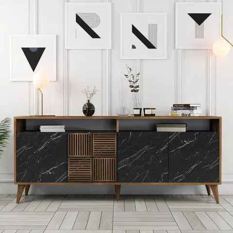Komody Konzolový stolík Milan - Walnut, Black Marble