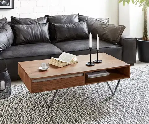 Konferenčné stolíky DELIFE Konferenčný stolík Stonegrace 115x60 cm akácia hnedá bridlica 2 zásuvky 1 priehradka podstava v tvare V čierna