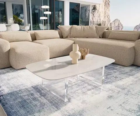 Konferenčné stolíky DELIFE Konferenčný stolík Edge zaoblený tvar 120×70 cm keramika onyx champagne Lumia akryl