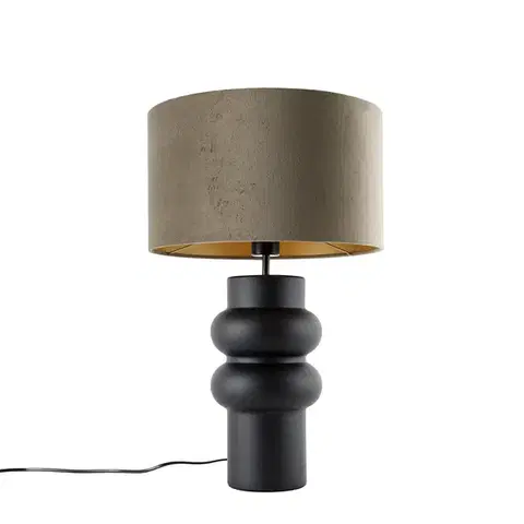 Stolné lampy Dizajnová stolová lampa čierna zamatový tienidlo taupe so zlatom 35 cm - Alisia