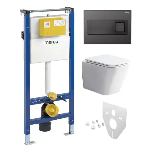 Záchody Mereo WC set - Rimless WC hranaté, modul pre sadrokartón, čierne hranaté tlačidlo MM02NSETRS331