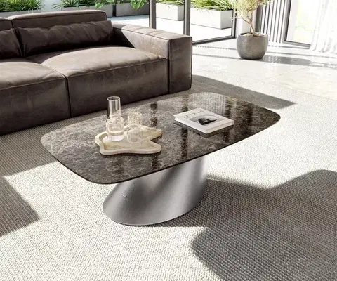 Konferenčné stolíky DELIFE Konferenčný stolík Edge zaoblený 120x70 cm keramika Laminam® Emperador Extra Lucidato tmavohnedá konická nerezová oceľ kefovaná