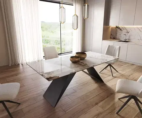 Jedálenské stoly DELIFE Jedálenský stôl Edge 200x100 keramika Minas melange bielo-béžová podstava v tvare V plochá oceľ čierna