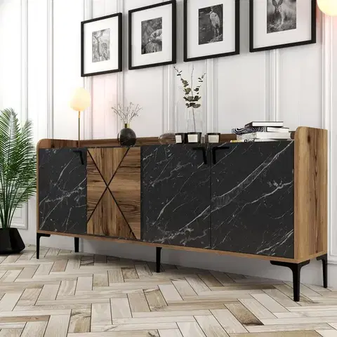 Komody Konzolový stolík Venedik - Walnut, Black Marble