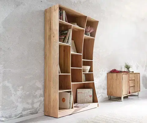 Voľne stojace knižnice DELIFE Regál Live-Edge 120 cm akácia prírodná ľavá