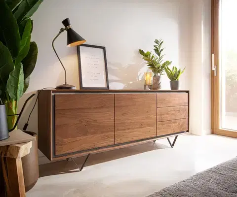 Komody DELIFE Komoda Stonegrace 175 cm akácia hnedá kamenná dyha 2 dvierka 3 zásuvky podstava v tvare V čierna