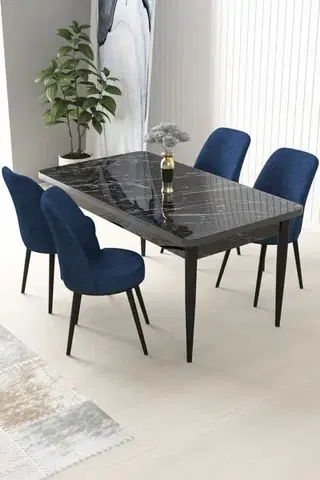 Jedálenské sety Dining Table & Chairs Set (5 Pieces) Nil - Black Marble, Navy Blue