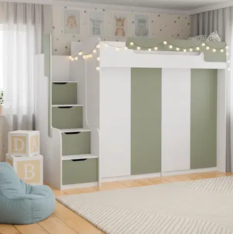 Postele ArtBed Multifunkčná vyvýšená posteľ so skriňou DORIAN III Farba: Biela / eukalyptus
