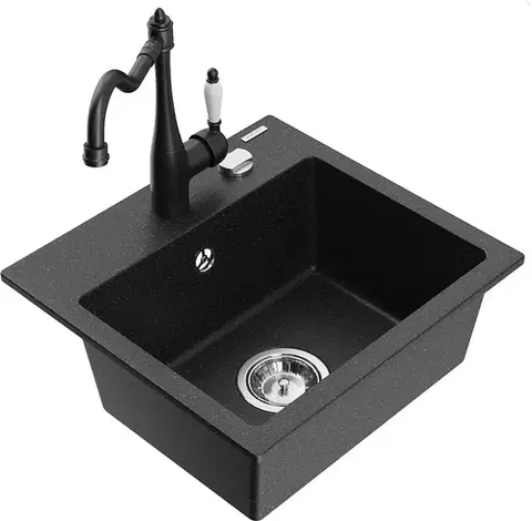 Kuchynské drezy MEXEN/S MEXEN/S - Milo granitový drez 1-miska vrátane batérie Carla, čierna/strieborná metalík 6505-73-670700-70