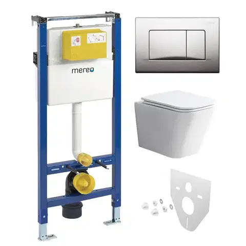 Záchody Mereo WC set - Rimless WC hranaté, modul pre sadrokartón, chróm hranaté tlačidlo matné MM02NSETRS321
