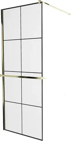 Sprchové dvere MEXEN/S - KIOTO Sprchová zástena WALK-IN s poličkou a držiakom uterákov 90 x 200, transparent/čierna 8 mm, zlatá 800-090-121-50-77