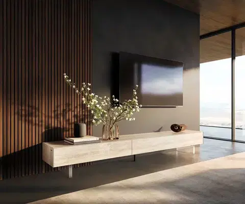 Televízne stolíky DELIFE TV stolík Cuor 250 cm keramika Laminam® Travertino Bianco krémovo biela 1 výklopné dvierka 1 zásuvka podstava závesná akrylové sklo