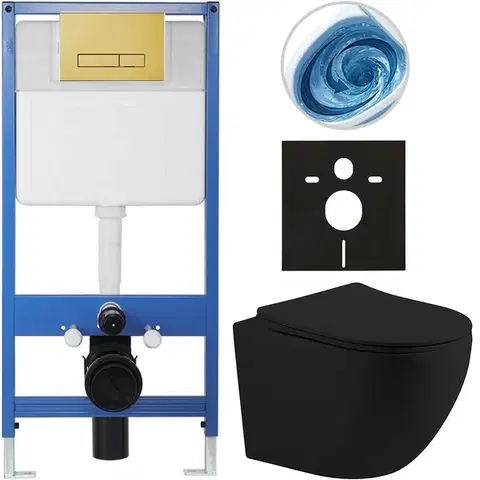 Záchody CERANO - Kompletný WC set Profi/Cesso - čierna matná - WC tlačidlo Slim/Zlatá - predstenová inštalácia - 49x36 CER-942004