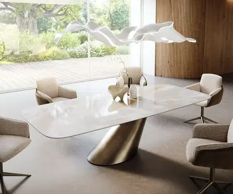 Jedálenské stoly DELIFE Jedálenský stôl Edge zaoblený 270×120 cm keramika Iris FMG Onice Grigio kužeľový metalická zlatá