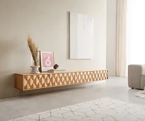 Televízne stolíky DELIFE TV stolík Fevo 220 cm dub prírodný 4 dvierka závesný