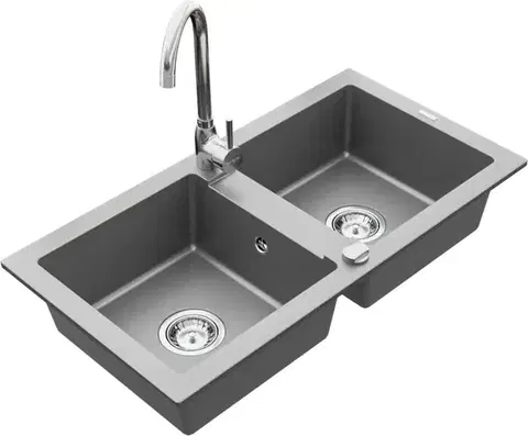 Kuchynské drezy MEXEN/S MEXEN/S - Mario granitový drez 2-bowl vrátane batérie Telma, šedá 6504-71-670200-00