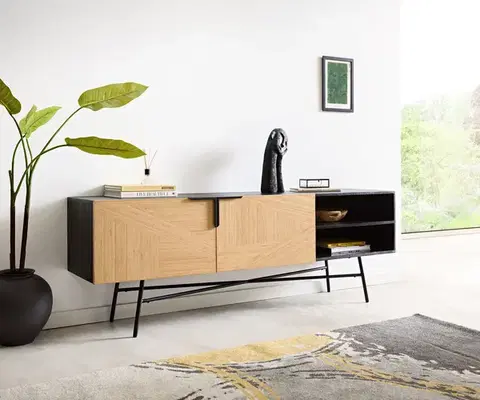 Komody DELIFE Komoda Mikkusu 175 cm bambus prírodná mango čierna 2 dvierka 2 priehradky kov čierny