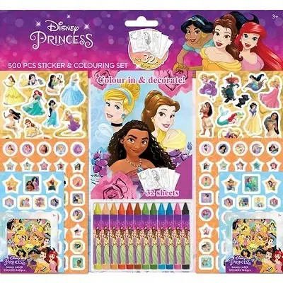 Nalepovačky, vystrihovačky, skladačky Samolepkový set s maľovankami a voskovkami 500 ks - Disney Princezné