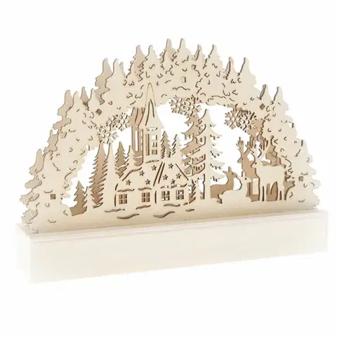 Vianočné dekorácie Vianočná drevená LED dekorácia Jelene a kostolík hnedá, 22 x 15 x 5 cm
