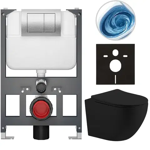 Záchody CERANO - Kompletný WC set Basic/Cesso - čierna matná - WC tlačidlo Maxio/Strieborná - závesné - nízky modul - predstenová inštalácia - 49x36 CER-8050BD86224
