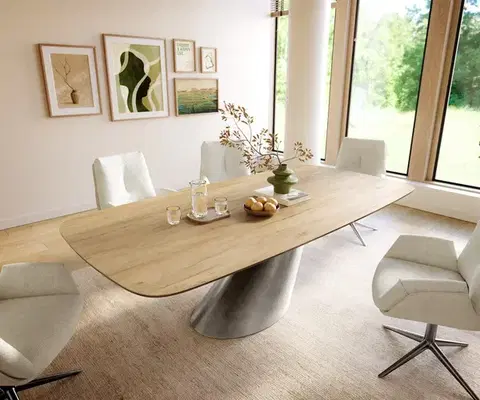 Jedálenské stoly DELIFE Jedálenský stôl Edge zaoblený 240×120 cm keramika Laminam® Sabbia dubová farba kužeľ metalická strieborná