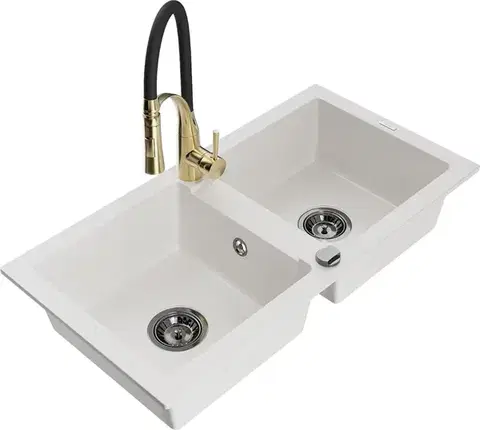 Kuchynské drezy MEXEN/S MEXEN/S - Mario granitový drez 2-bowl vrátane batérie Aster, biela 6504-20-73450-57-B
