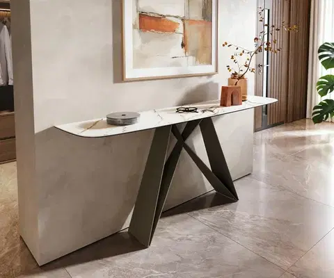Konzolové stolíky DELIFE Konzolový stolík Edge zaoblený tvar 180×40 cm keramika Calacatta Luxe bielo-zlato-šedá Velio kov titánová farba