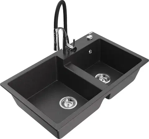 Kuchynské drezy MEXEN/S MEXEN/S - Tomas granitový drez 2-bowl vrátane batérie Aster, čierna kropenatá 6516-76-73450-07