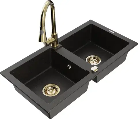 Kuchynské drezy MEXEN/S MEXEN/S - Mario granitový drez 2-bowl vrátane batérie Elia, čierna/zlatá metalik 6504-75-670101-50