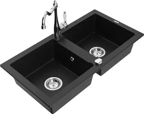 Kuchynské drezy MEXEN/S MEXEN/S - Mario granitový drez 2-bowl vrátane batérie Carla, čierna 6504-77-670700-00