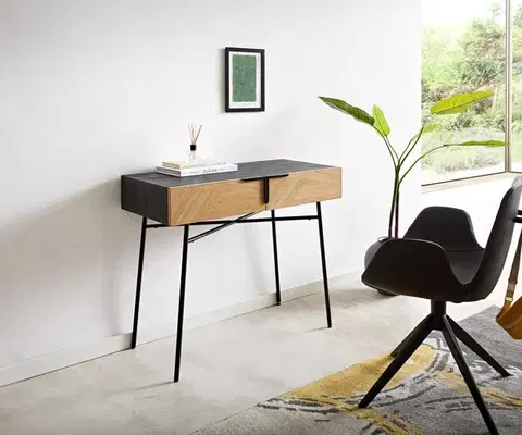Stoly DELIFE Konzolový stolík Mikkusu 90x45 cm bambus prírodná mango čierna 2 zásuvky kov čierna